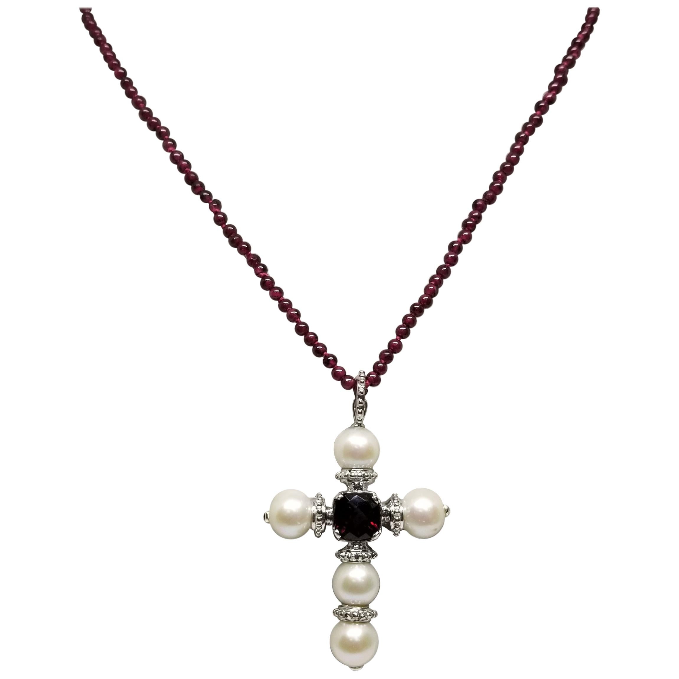 Sterling Silver Fresh Water Pearl Cross with 5 Pearl Pendant