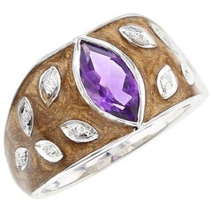 Brown Enamel Ring with Amethyst and Diamonds, 18 Karat White Gold