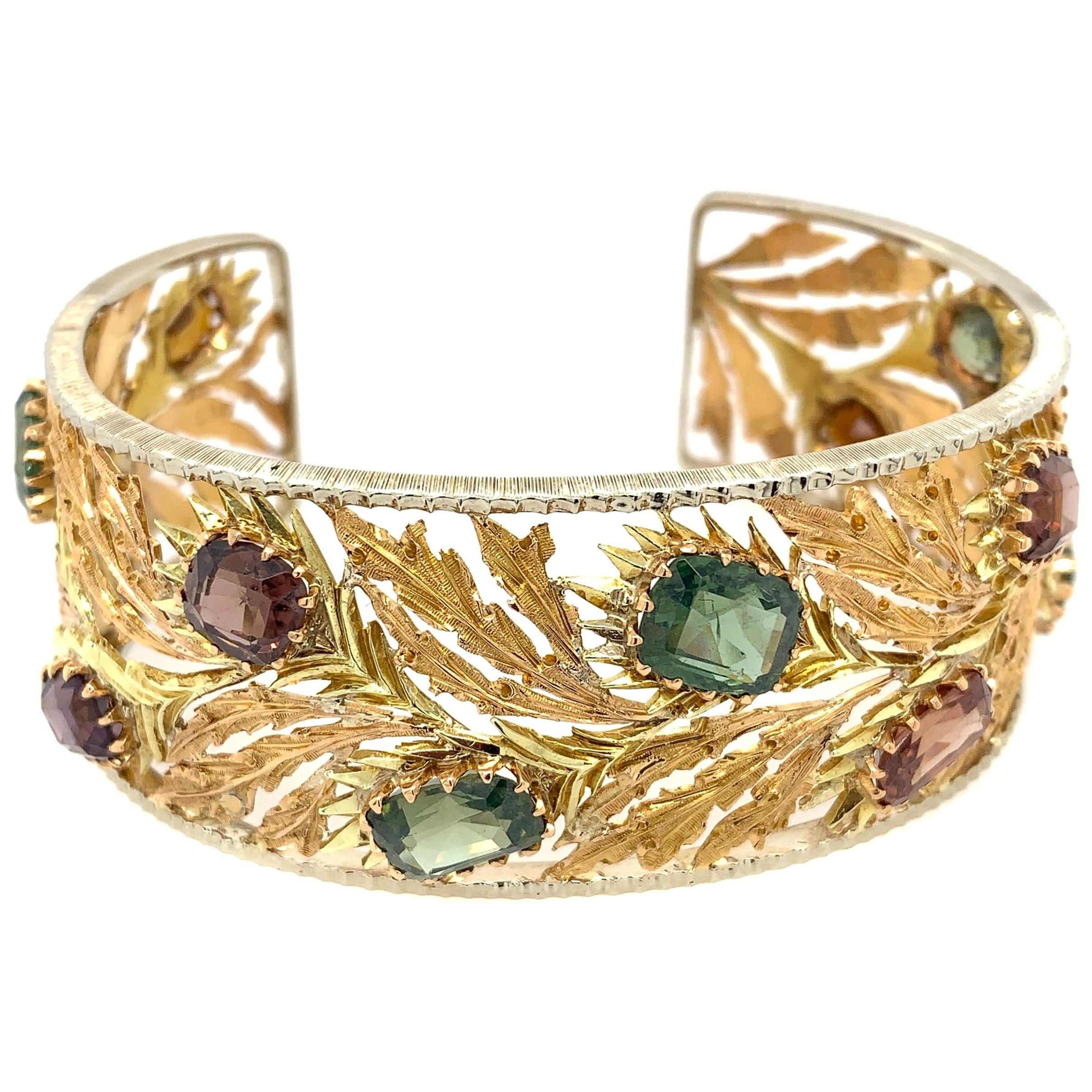 Mario Buccellati 18 Karat Yellow Gold Multicolored Gemstones Leaf Bracelet