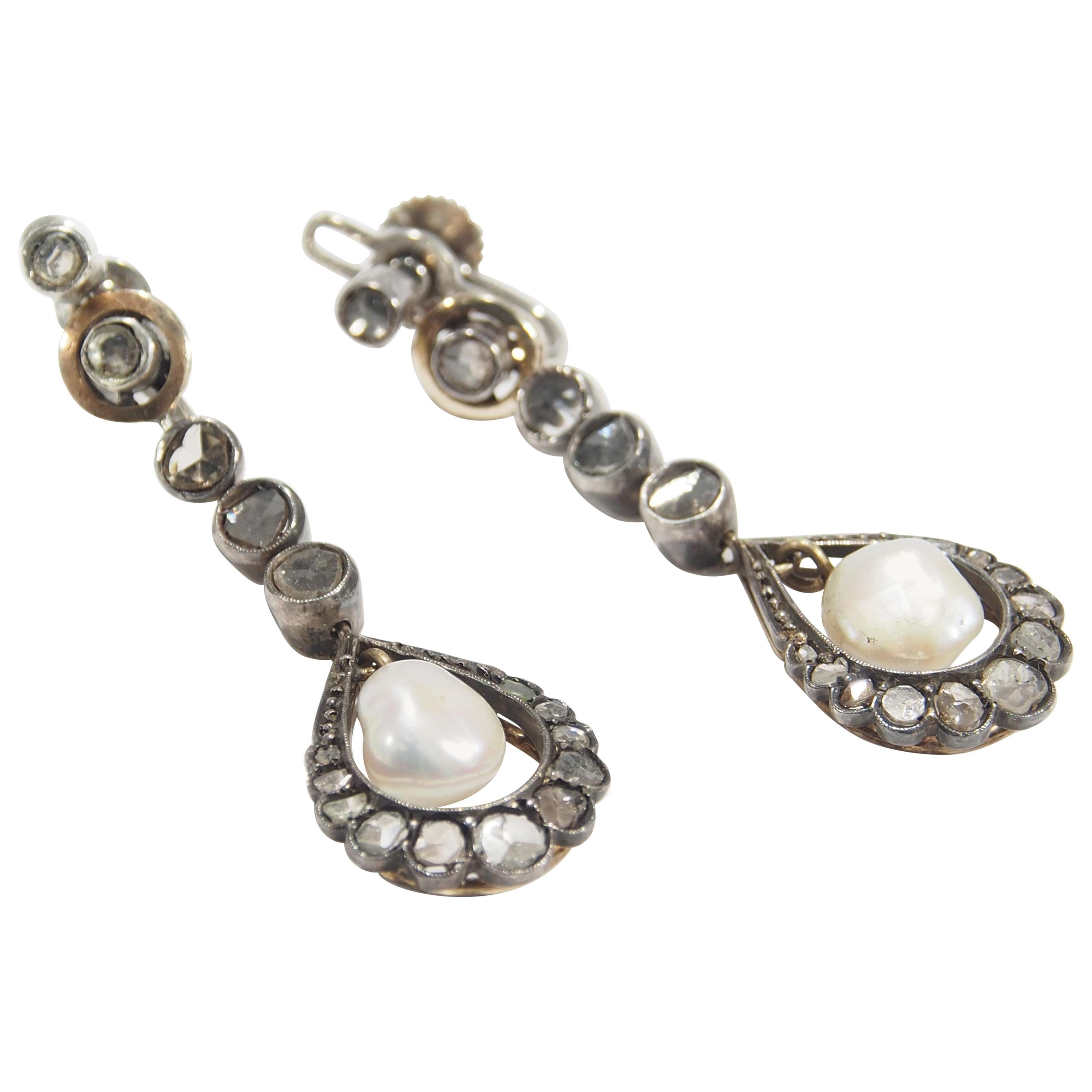 14 Karat Diamond Pearl Dangle Earrings Sterling Silver Vintage GIA For Sale
