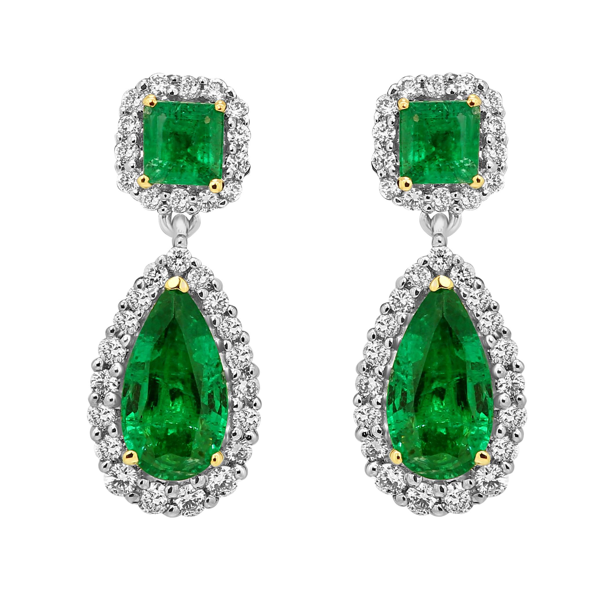 Emerald Pear White Diamond Halo Two-Color Gold Dangle Drop Earring