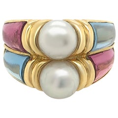 Bvlgari 18 Karat Yellow Gold Touramline and Aquamarine Cultured Pearl Ring