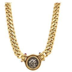 Bvlgari 18 Karat Yellow Gold Link Necklace Set with Roman Coin