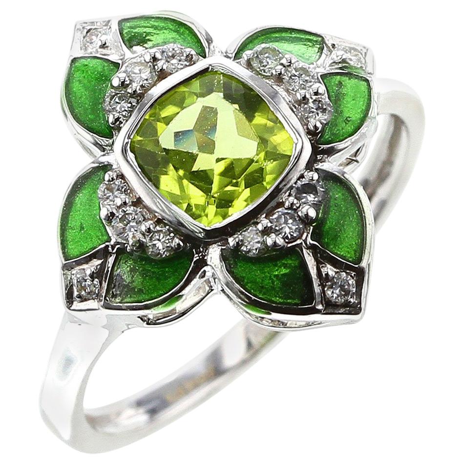 Floral Green Enamel Ring with Peridot and Diamonds