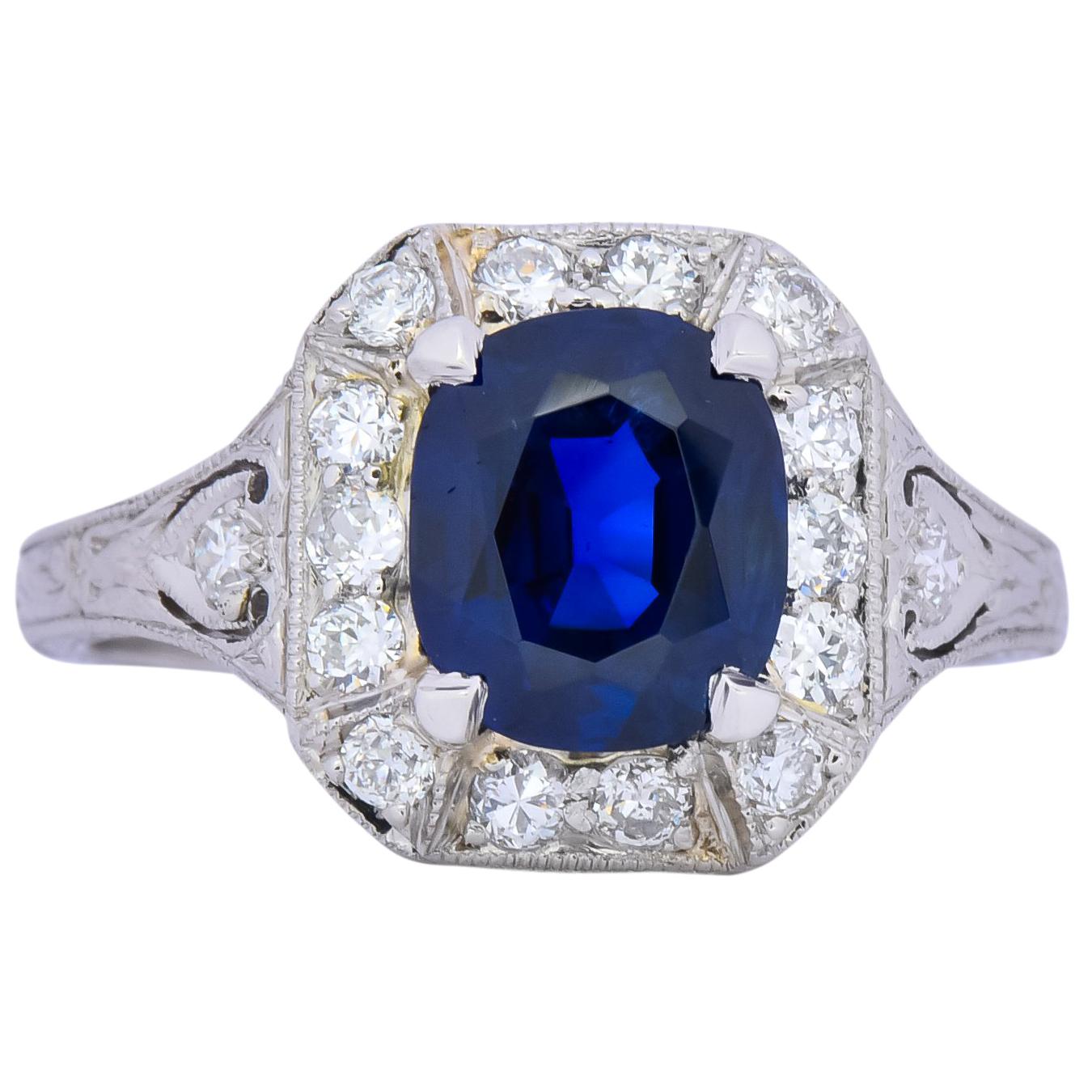 Art Deco 2.86 Carat No Heat Sapphire Diamond Platinum Ring AGL