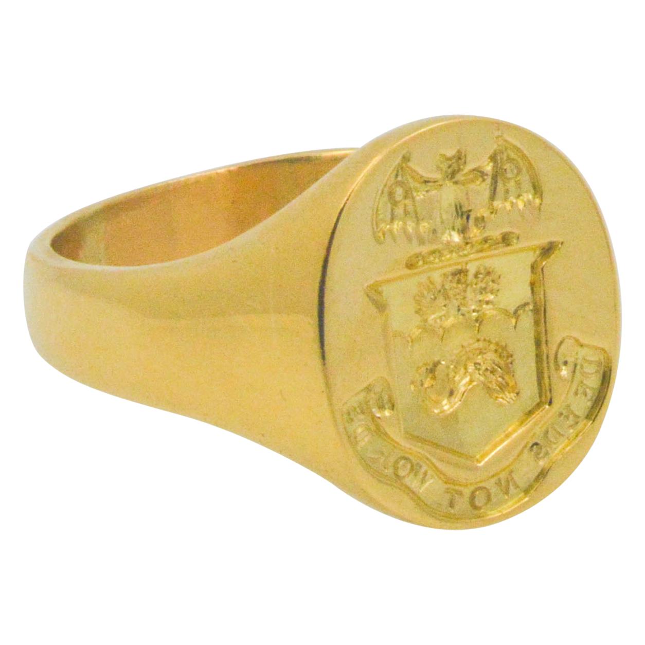 18 Karat Yellow Gold Stamped English Crest 'Words Not Deeds' Signet Ring