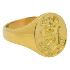 Retro 18 Karat Yellow Gold Stamped English Crest 'Words Not Deeds' Signet Ring