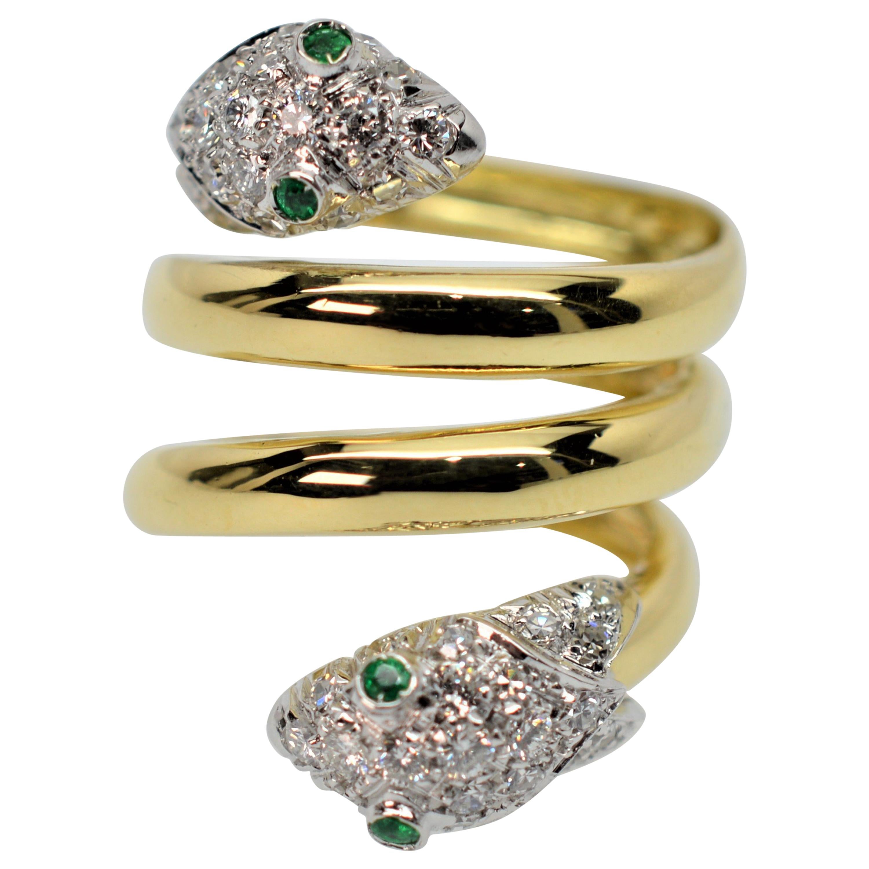 18 Karat Yellow Gold Antique Serpent Ring w Diamond Emerald Accents