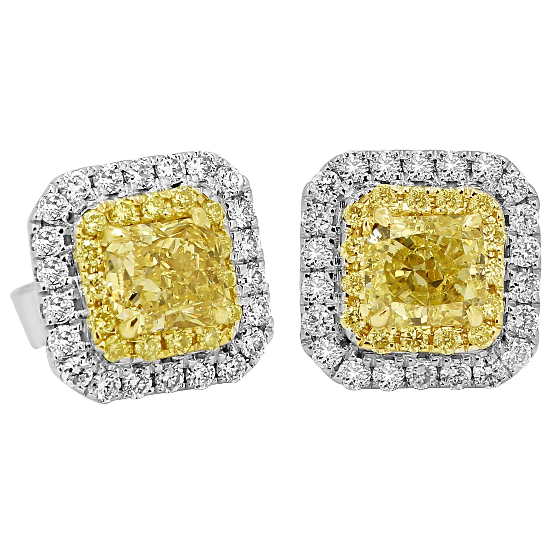 Natural Fancy Yellow Diamond Double Halo Two-Color Gold Stud Earring