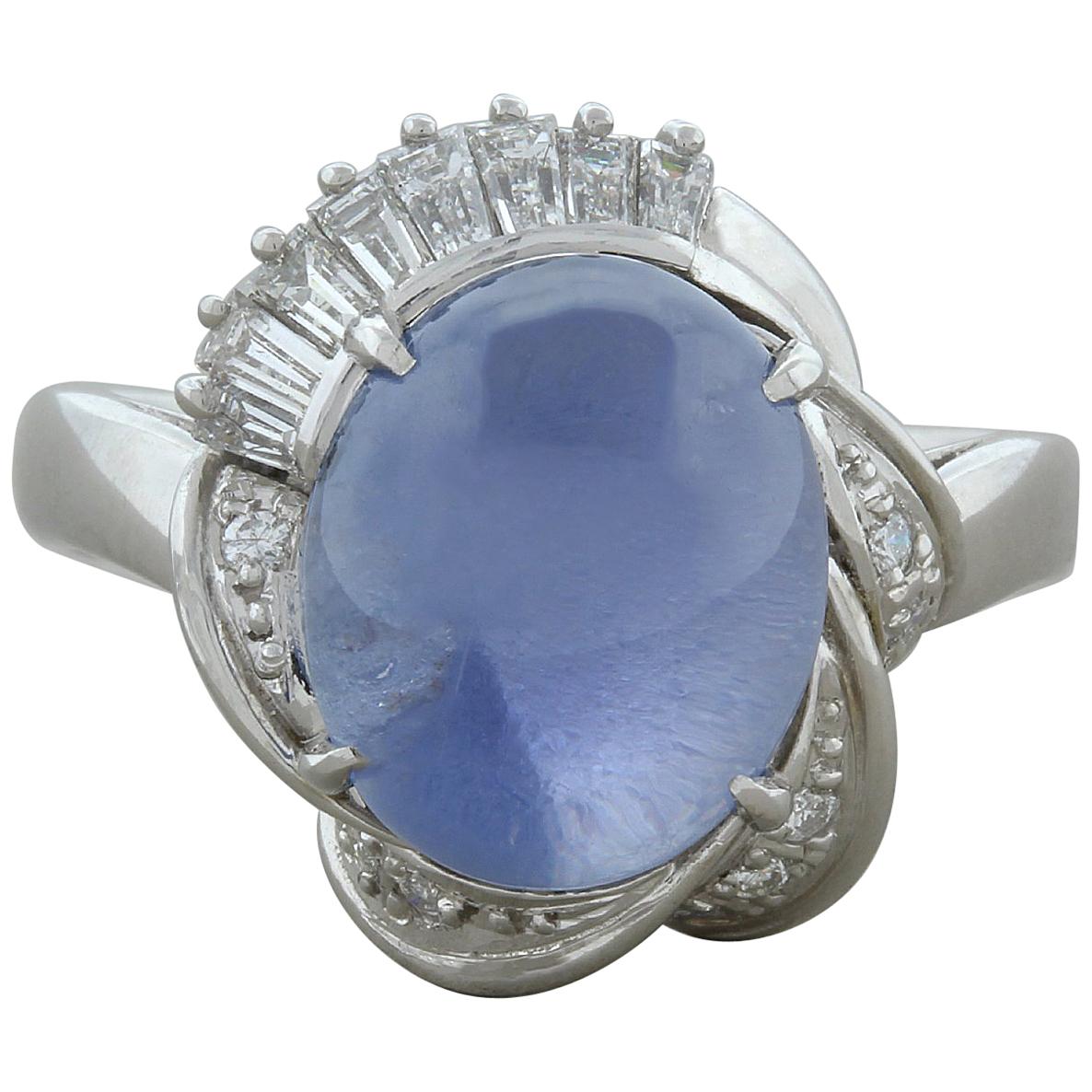 Midcentury Star Sapphire Diamond Platinum Ring For Sale