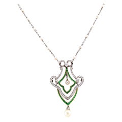 Edwardian Diamond Emerald Pearl Gold Platinum Brooch Necklace