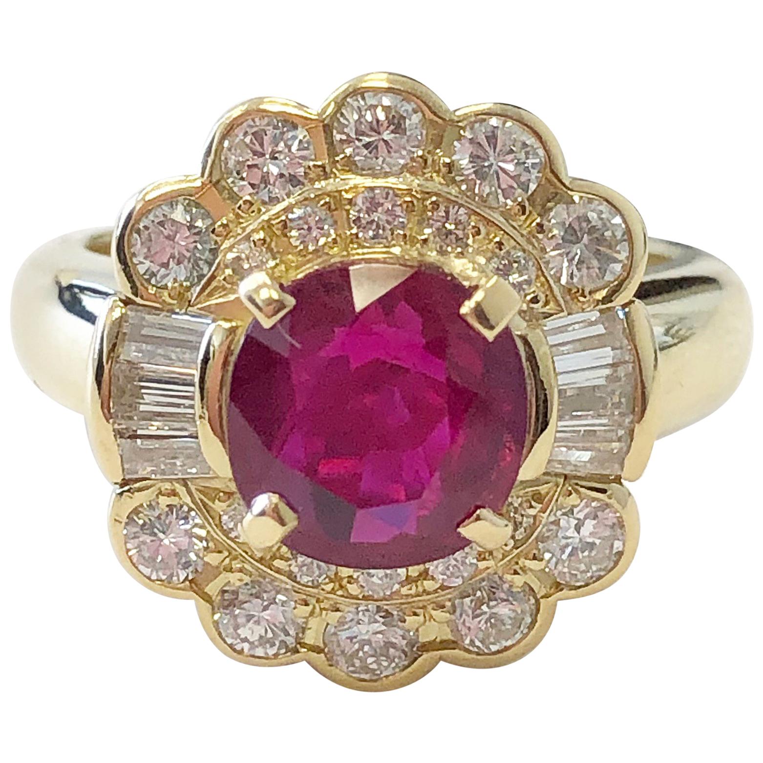 Ruby Round and White Diamond Cocktail Ring in 18 Karat Yellow Gold