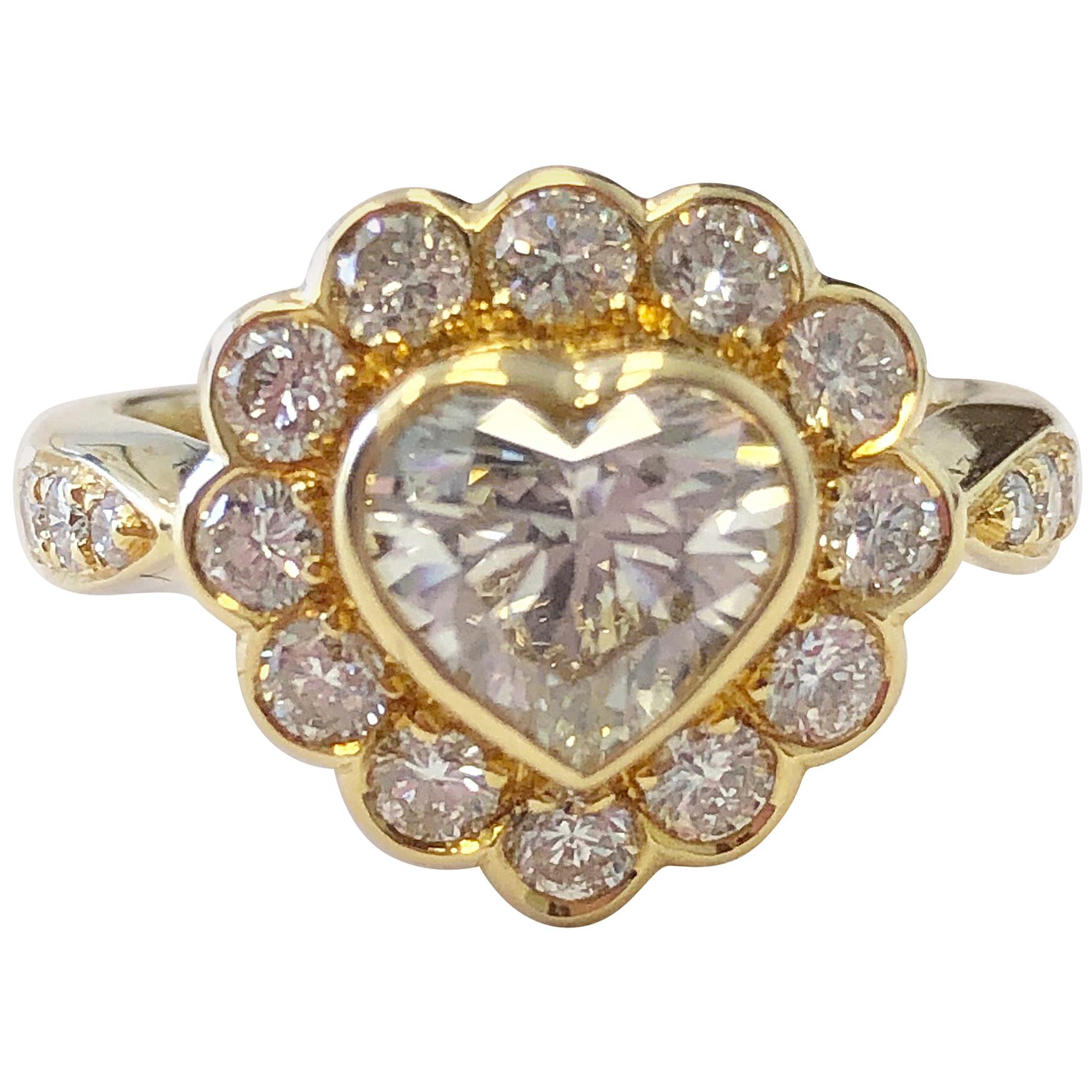 White Diamond Heart Shape Engagement Ring in 18 Karat Yellow Gold