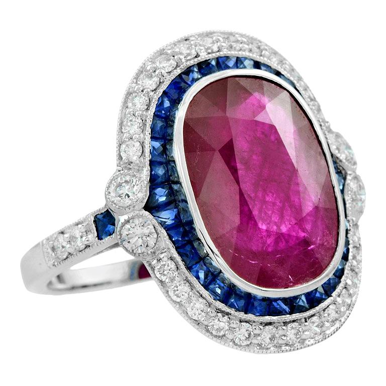 Natural 6.10 Carat Burmese Ruby and Blue Sapphire Diamond Cocktail Ring ...