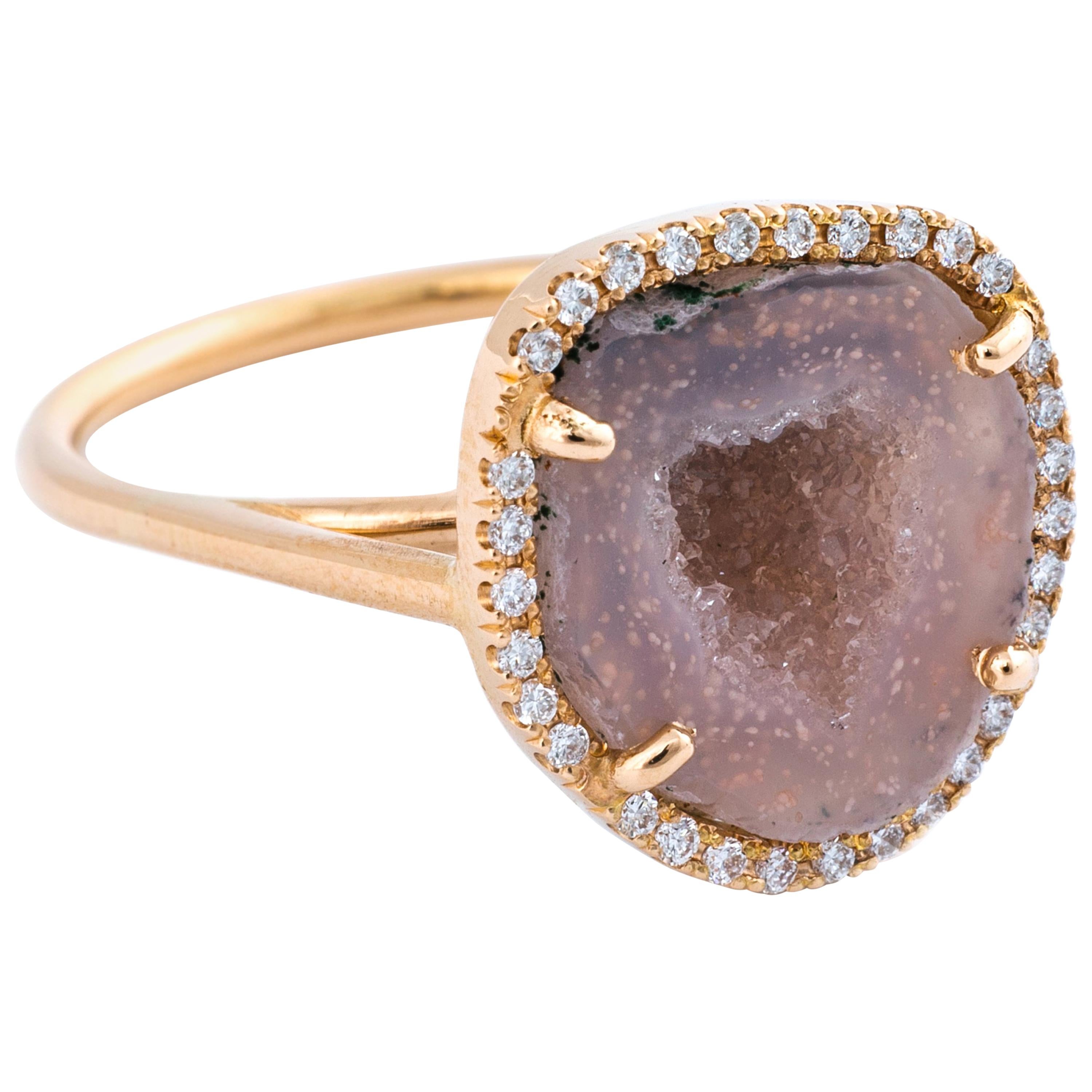 Karolin Rose Gold Pink Agate Geode White Pave Diamond Cocktail Ring For Sale