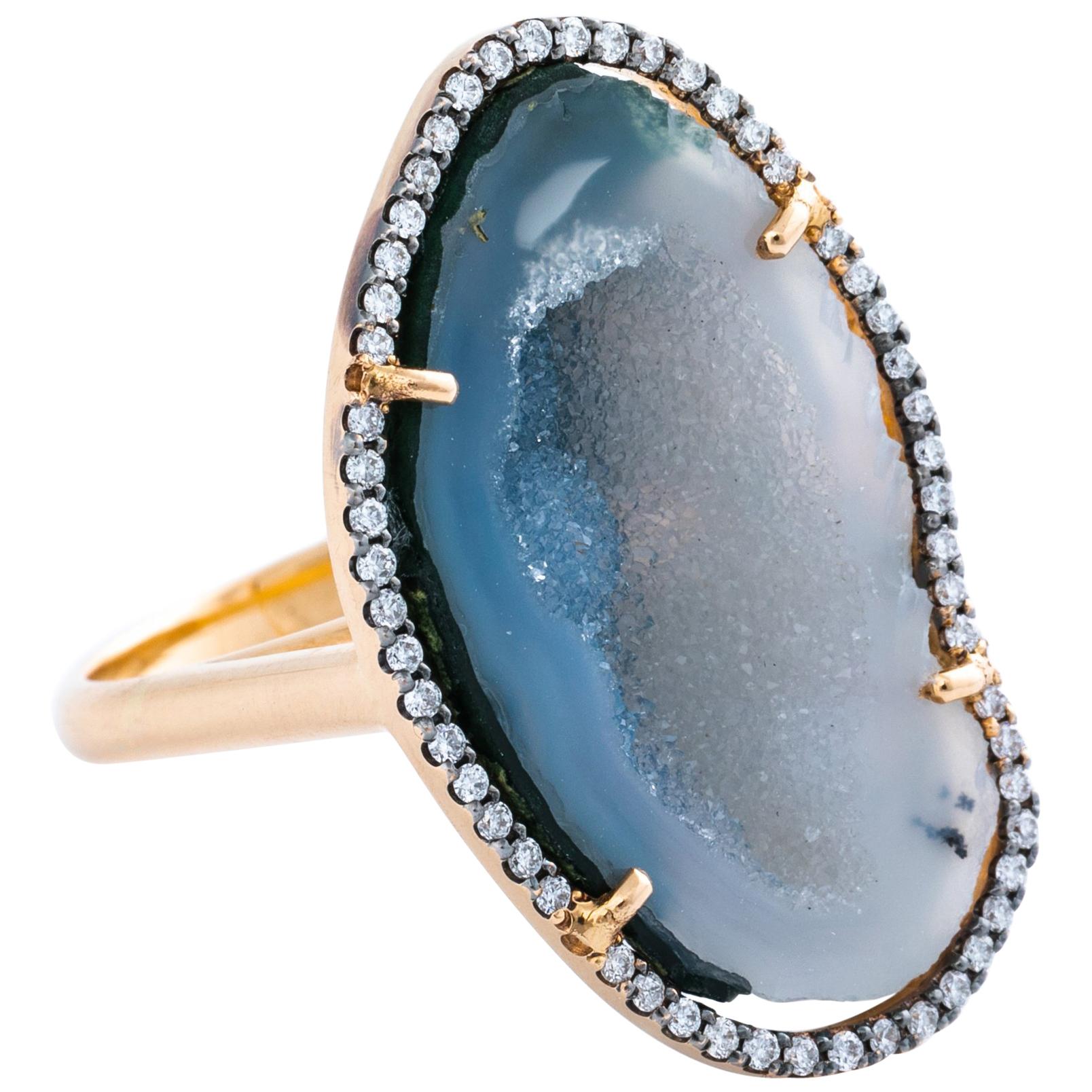 Karolin Rose Gold Blue/White Agate Geode White Pave Diamond Cocktail Ring For Sale