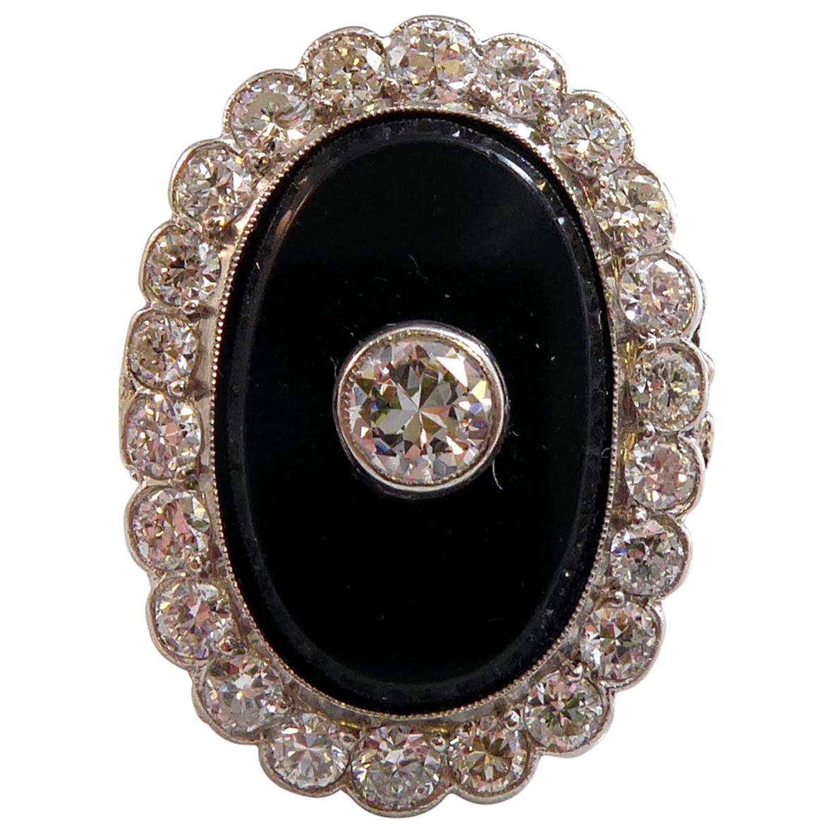 Art Deco 1.37 Carat Diamond and Onyx Ring, Oval Cluster, 1920, Platinum