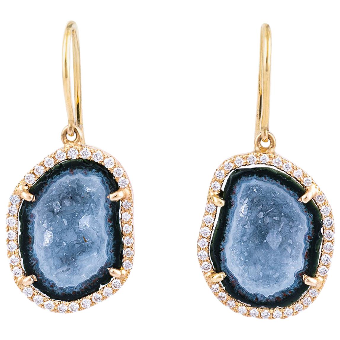 Karolin Blue Agate Geode Stud Pave Diamond Rose Gold Earrings