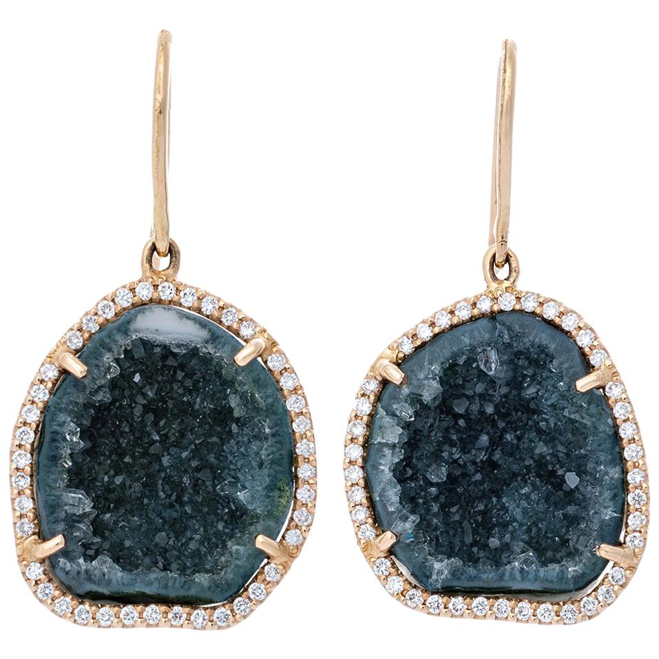 Karolin Blue/Green Agate Geode Stud Pave Diamond Rose Gold Earrings For Sale
