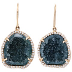 Karolin Blue/Green Agate Geode Stud Pave Diamond Rose Gold Earrings