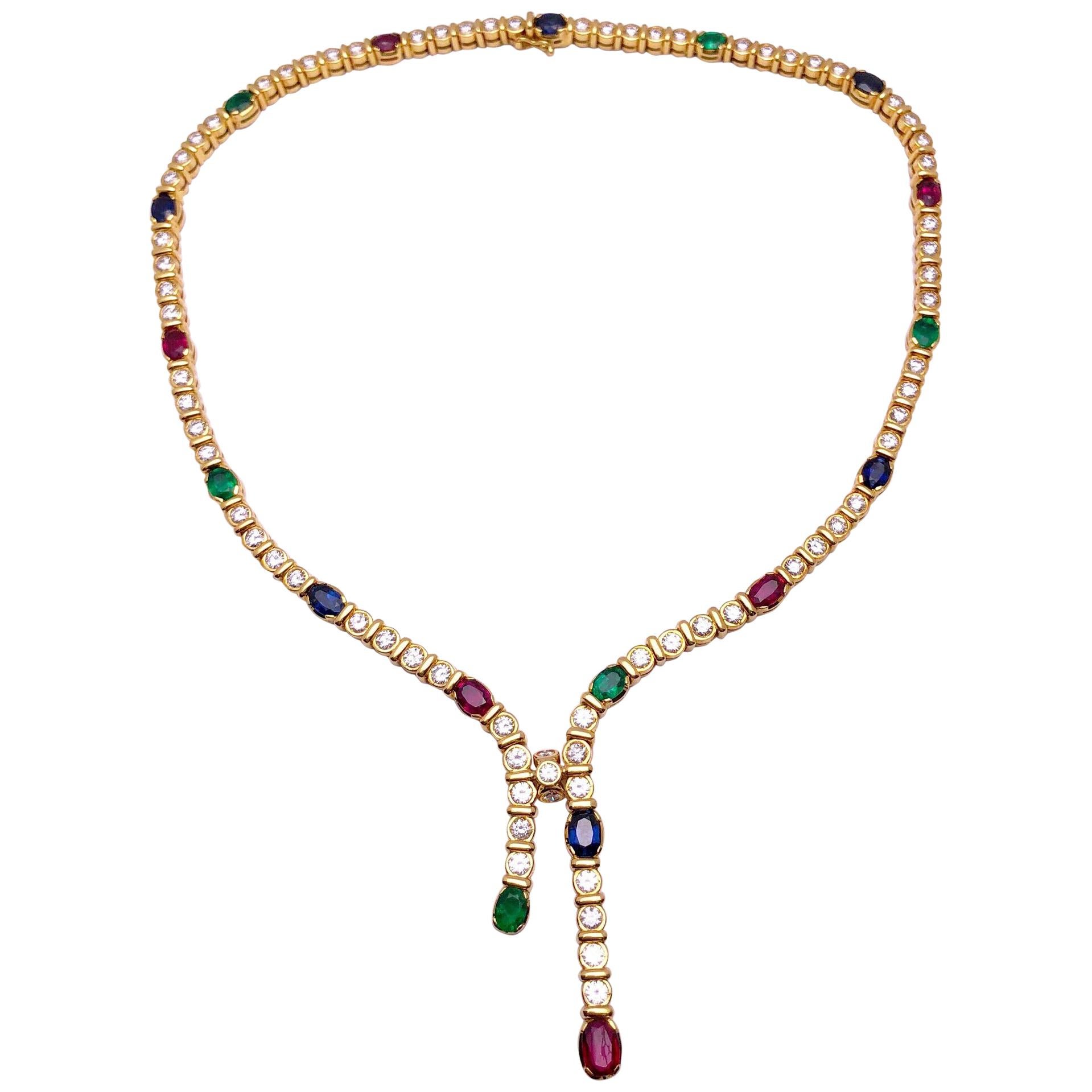 18KT Gold, 4.97ct. Diamond & Oval Sapphire, Ruby, Emerald Lariat Style Necklace For Sale