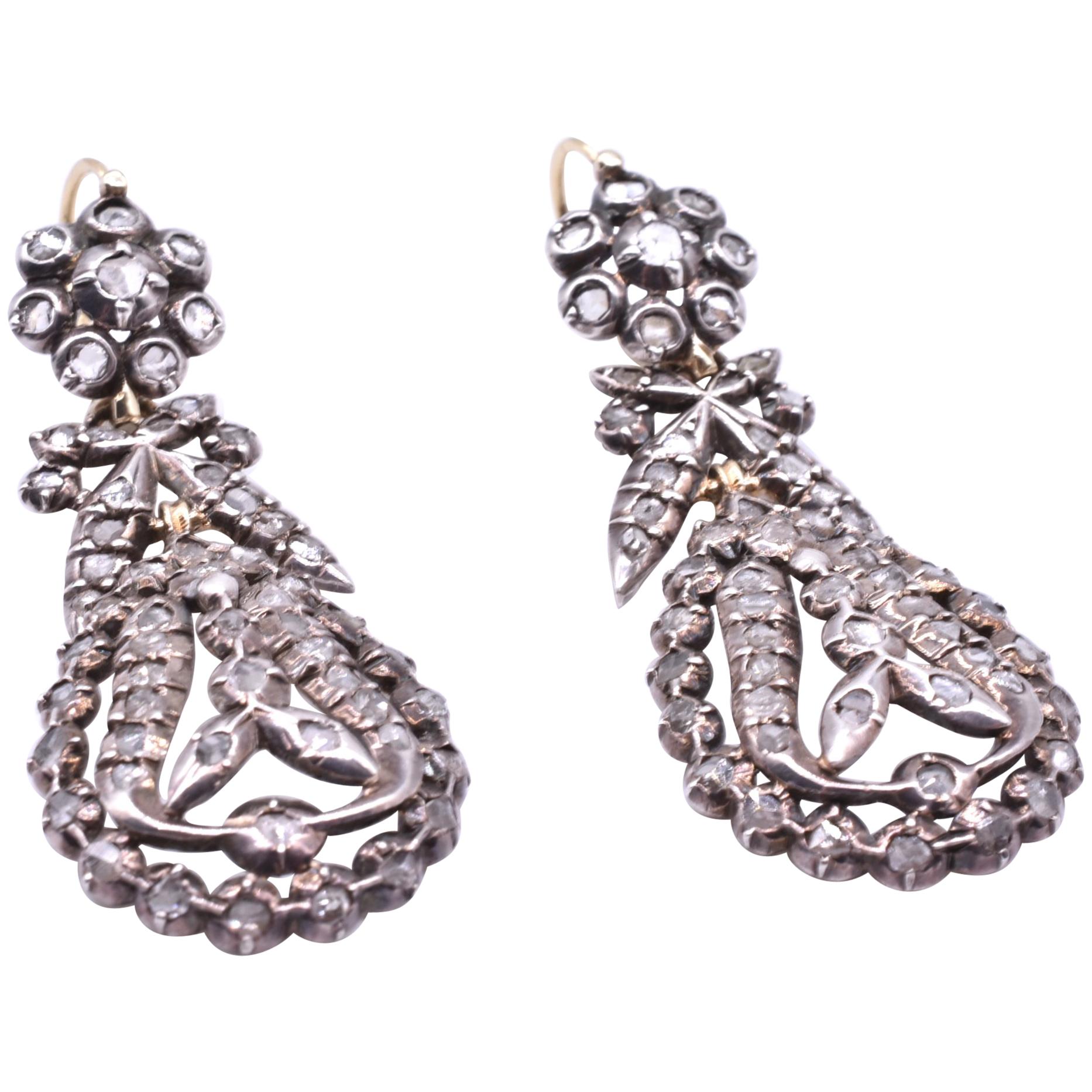 French Empire Pendeloque Diamond  Earrings in Silver, circa 1820 For Sale
