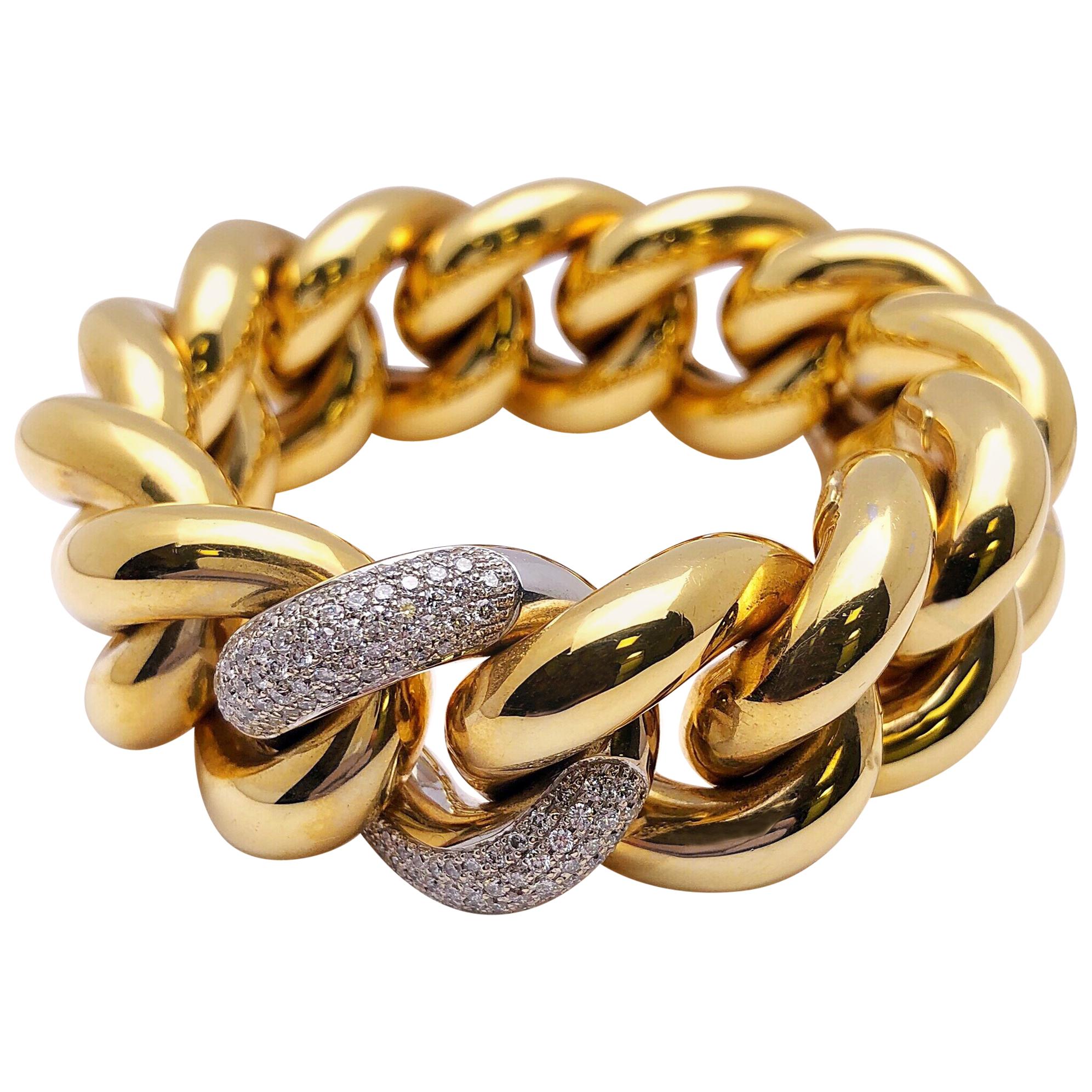 Diamond 18 Karat Yellow Gold Pave Diamond Chunky Gourmette Link Bracelet