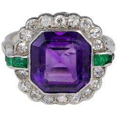 Antique 6.00 Carat Natural Siberian Amethyst Diamond Emerald Art Deco Platinum Ring