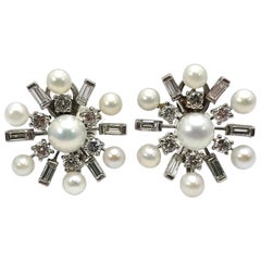 1950s Tiffany & Co. Diamond and Cultured Pearl White Gold Clip Back Earrings