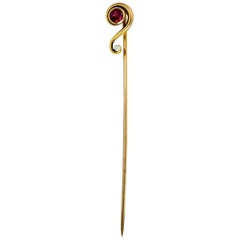 An Art Nouveau 14 Karat Gold, Ruby and Seed Pearl Stick Pin