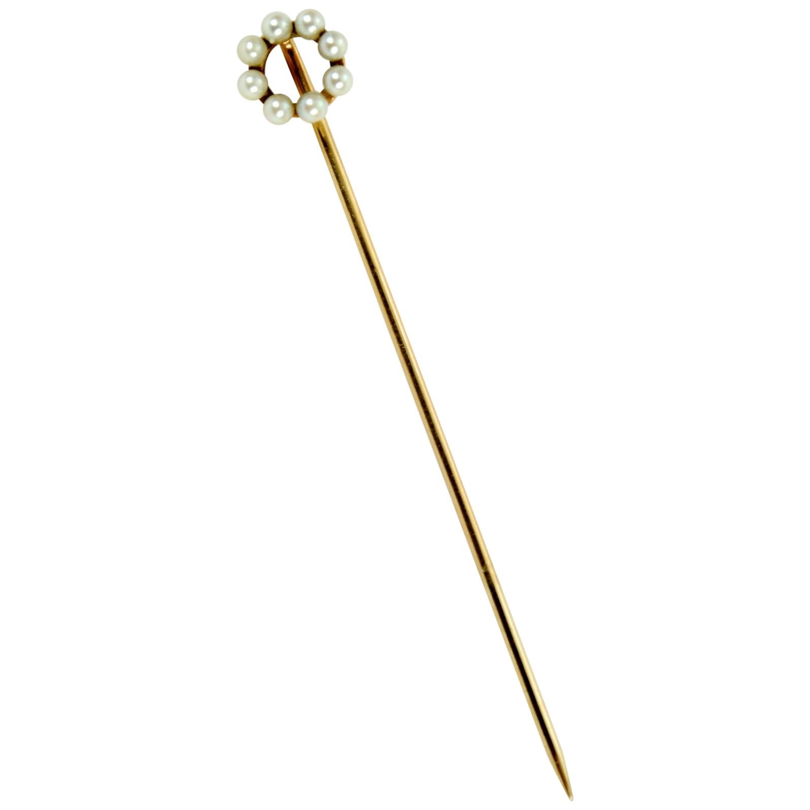 Stick Pin Set with 8 Seed Pearls in 14 Karat Yellow Gold, circa 1880