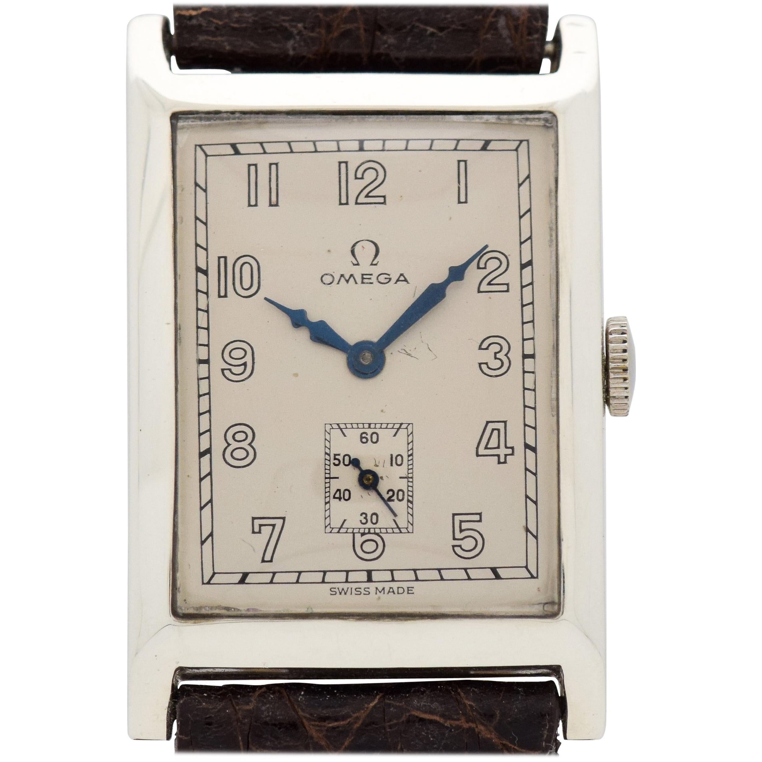 Vintage Omega Rectangular-Shaped Silver Watch, 1929 For Sale