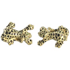 Vintage Unisex Cufflinks of Tigers Made In Italy  In 18k Gold With Emerald Eyes