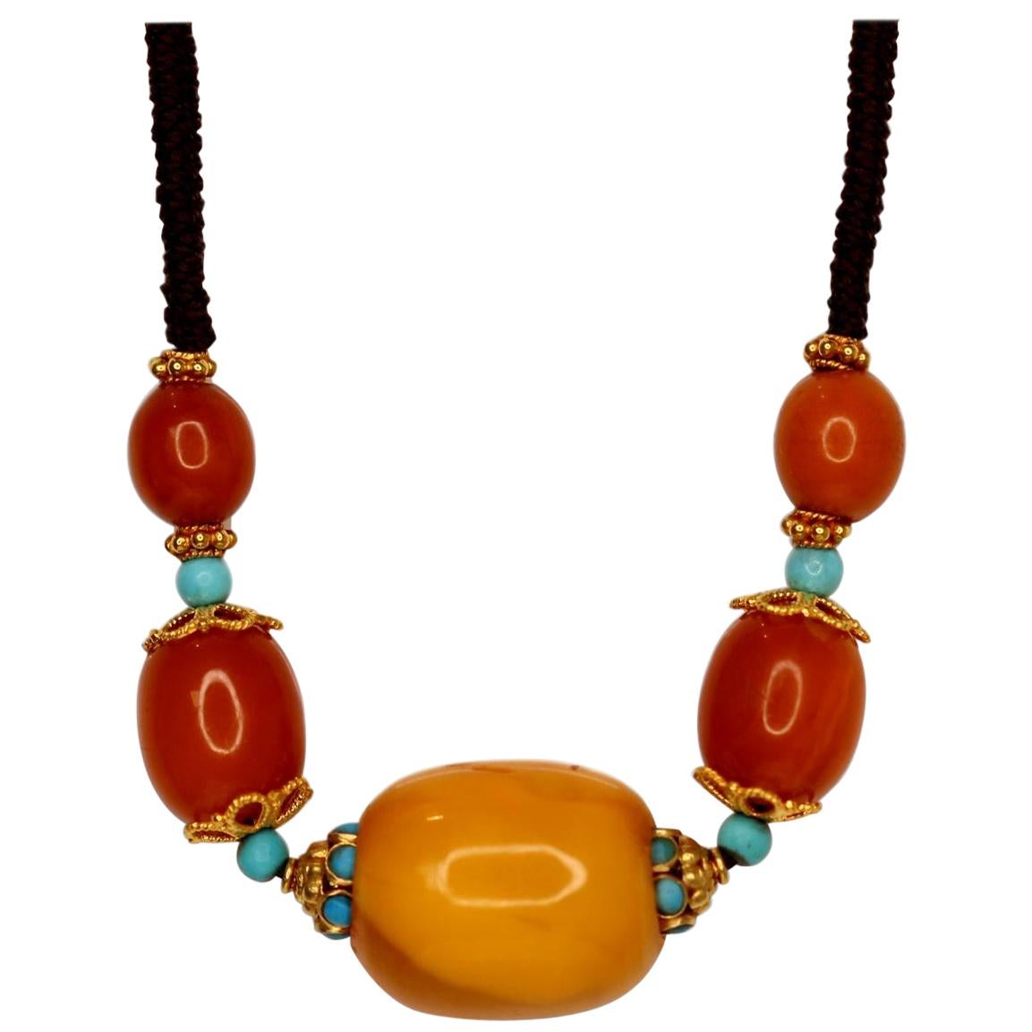 Antique Amber Bead, Turquoise and Gold Necklace