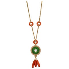 Art Deco Style Natural Jade, Coral, Diamond and Gold Pendant Necklace
