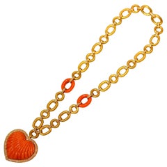 Carved Coral Heart, Yellow Gold and Diamond Pendant Necklace