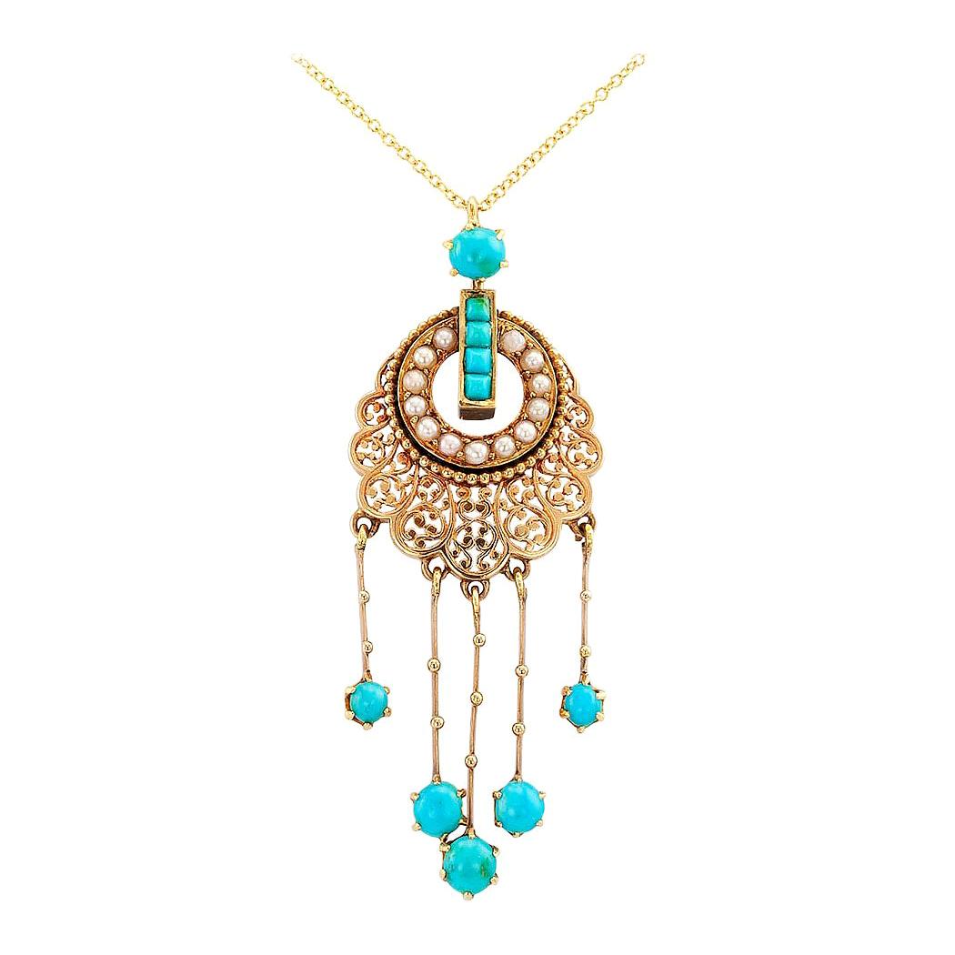 French Victorian Turquoise Pearl Gold Pendant Necklace