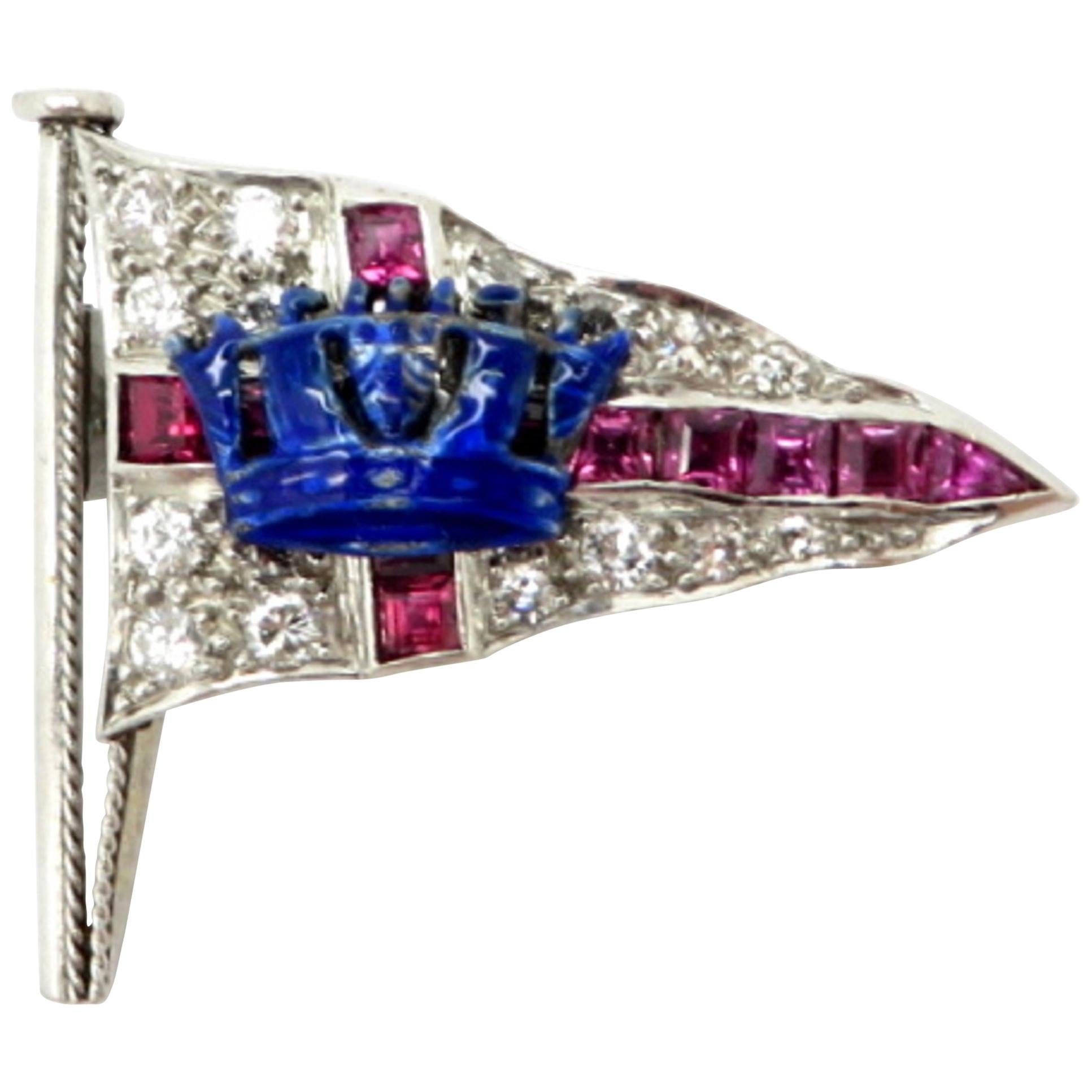 Platinum Estate Crown Flag Brooch Pin with Diamonds, Enamel and Synthetic Rubies For Sale