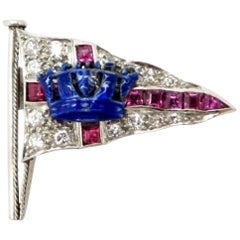 Vintage Platinum Estate Crown Flag Brooch Pin with Diamonds, Enamel and Synthetic Rubies