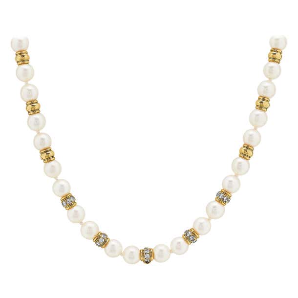 Single Strand Sea Water Cultured Pearl Necklace with Diamond and 18K ...