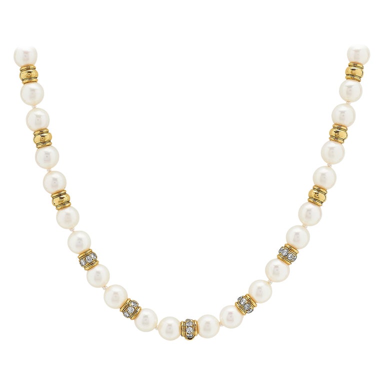 Single Strand Sea Water Cultured Pearl Necklace with Diamond & 18K Gold Beads For Sale