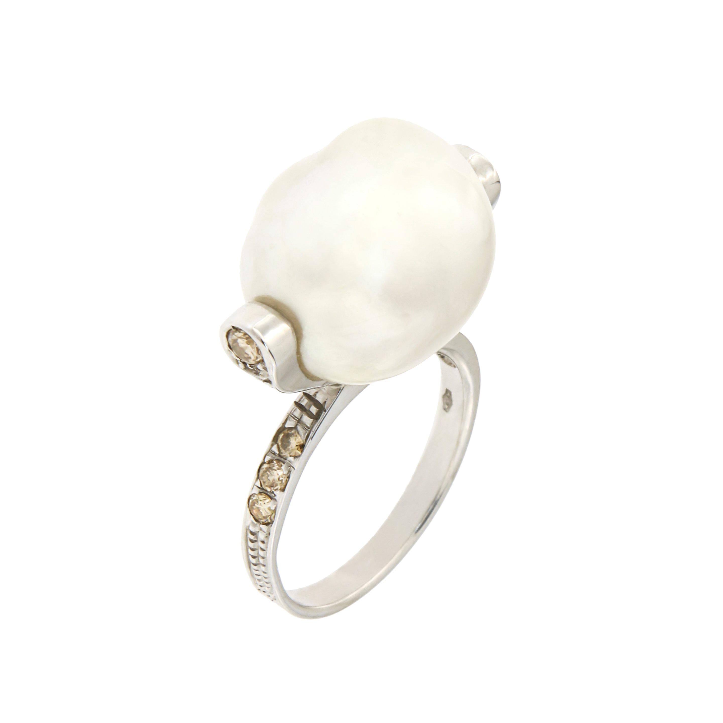 White Australian Pearl Diamonds White Gold Ring Handcrafted in Italy