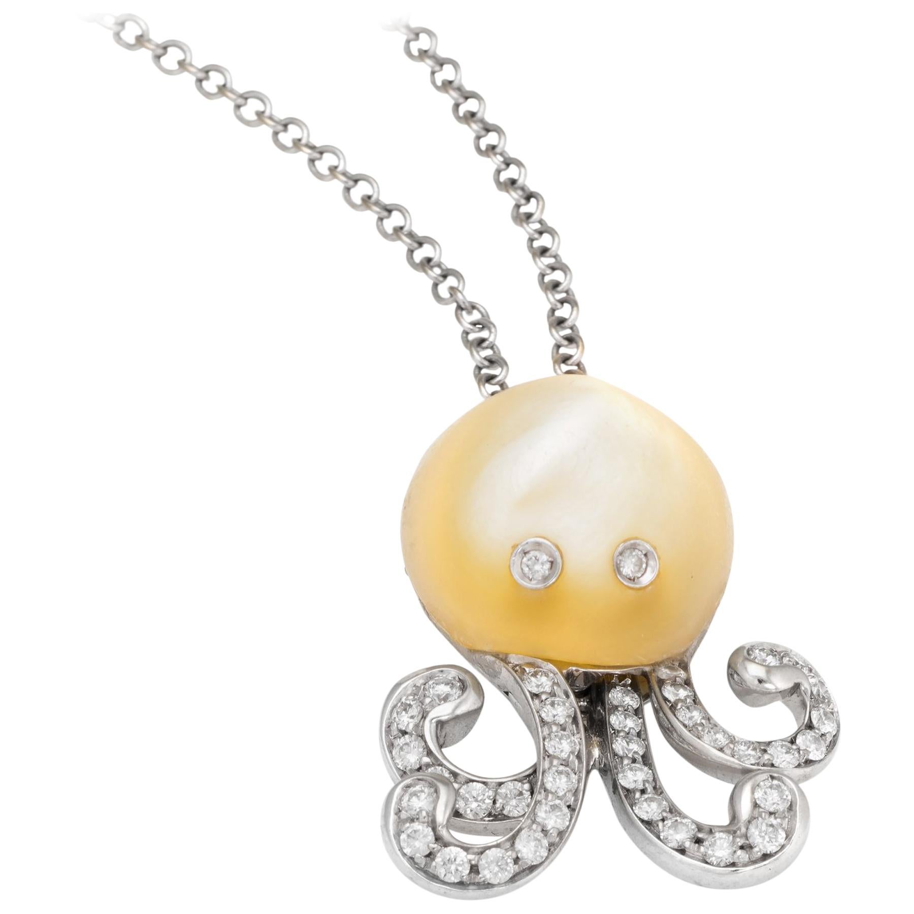 Vintage Octopus Necklace Diamond Mother of Pearl 18 Karat Gold Estate Jewelry