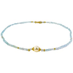 Faceted Aquamarine Necklace with Pearl and 18 Karat Yellow Gold Findings