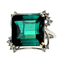 Gemjunky Vintage Style 14.07 Cts Tourmaline & Diamond White Gold Cocktail Ring