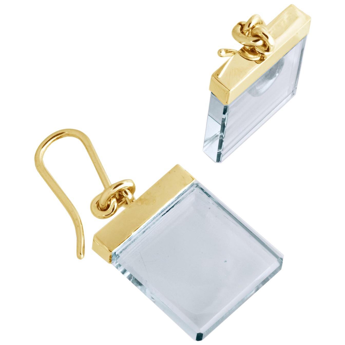 Yellow Gold Art Deco Style Earrings by Artist with Sky Blue Topaz