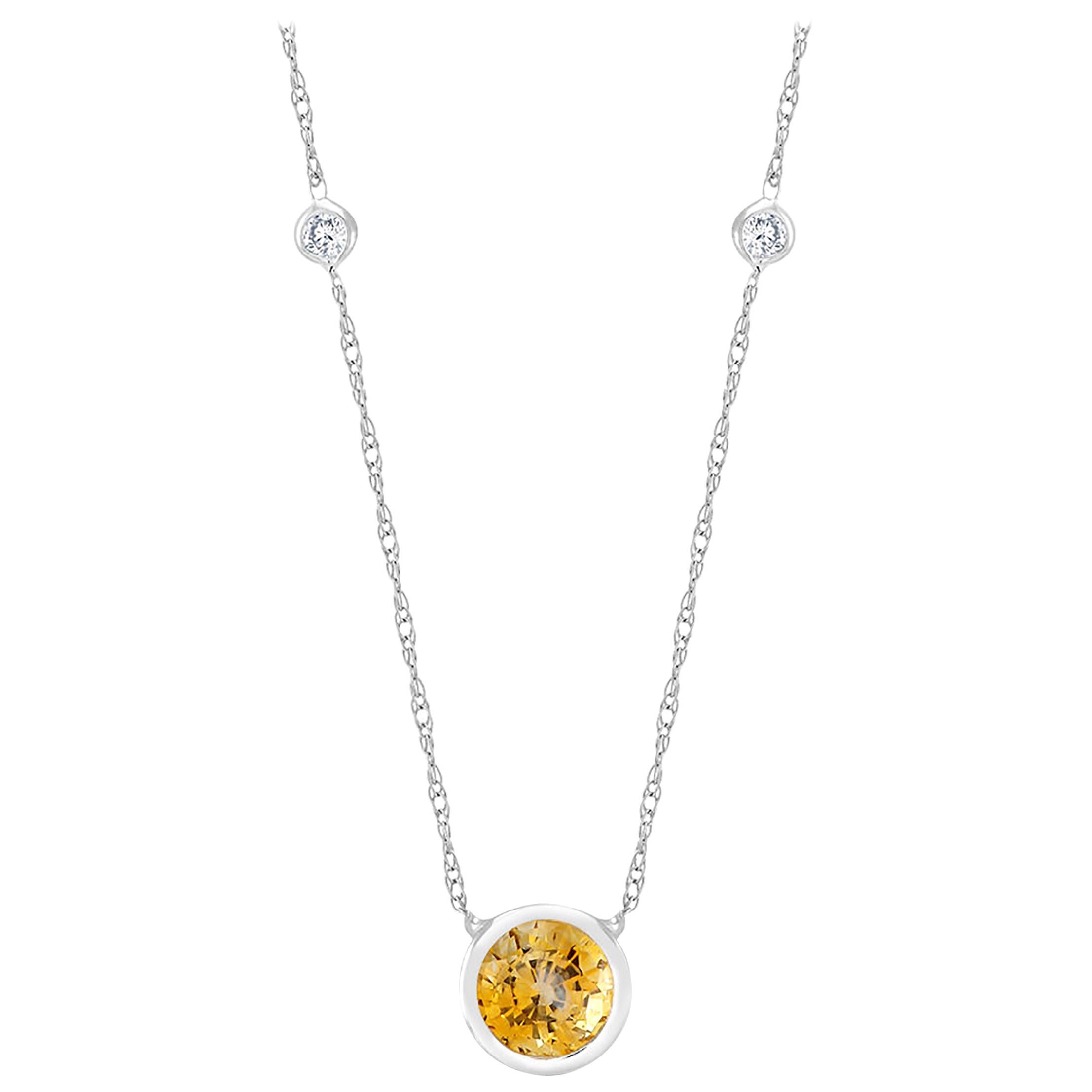 White Gold Bezel Set Diamond Yellow Sapphire Pendant Necklace