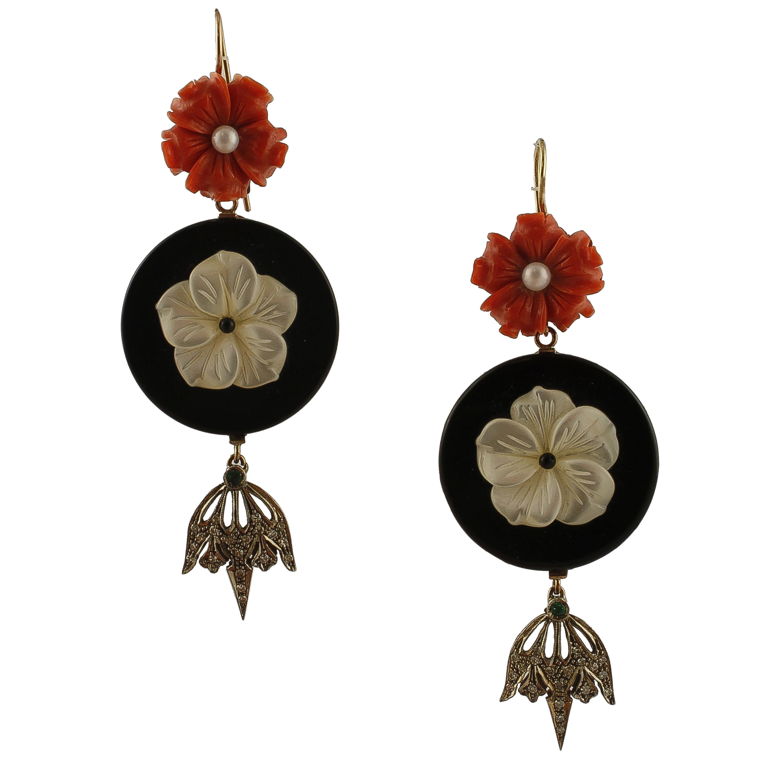 Coral Mother of Pearl Flowers, Onyx, Diamonds, Emeralds, Pearl, Gold Silver Earrings