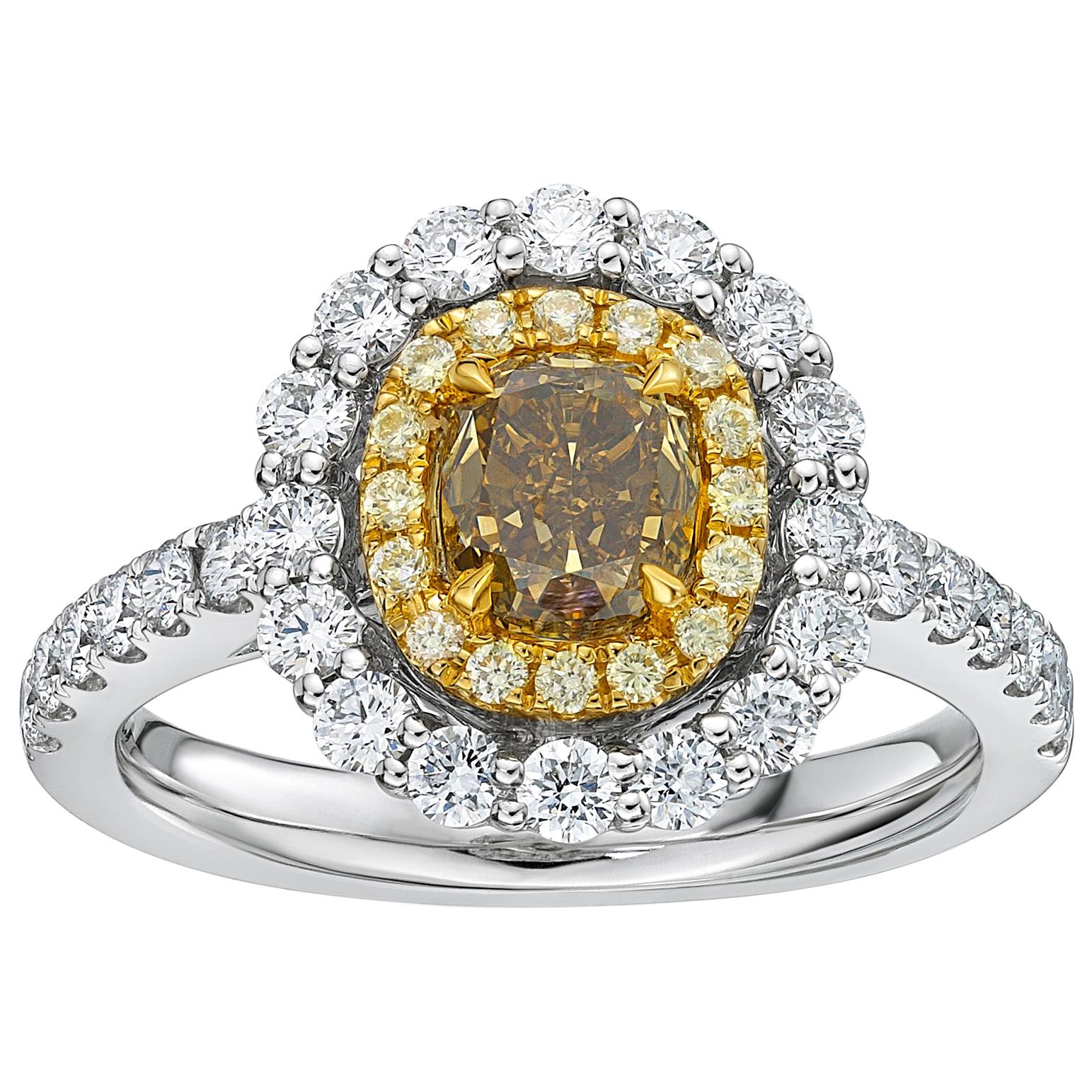 GIA Certified 1.15 Carat Fancy Deep Brownish Greenish Yellow Diamond Ring For Sale