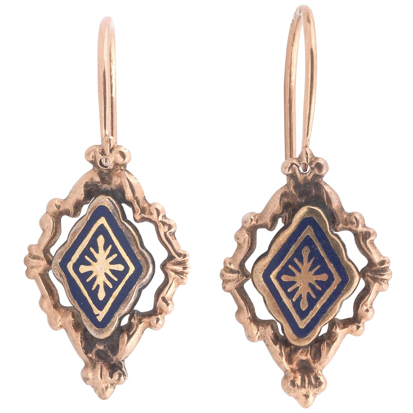 Pair of Enamel Pendent Earrings, circa 1850